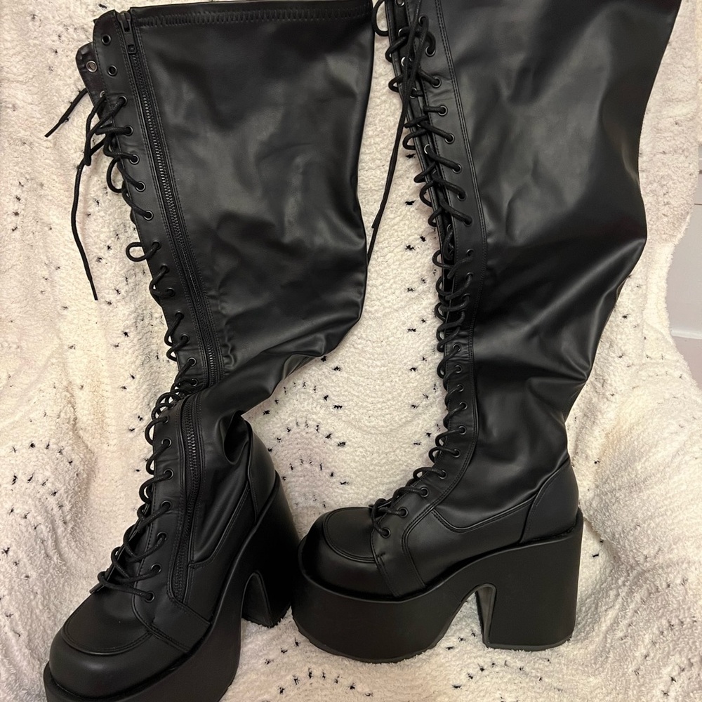 Demonia Black Lace-Up Platform Wide Calf Boots